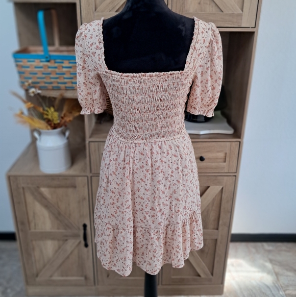 Altar'd State Mini Dress Milkmade Floral Tan Cream Color Smocked Boho Fit Flare - Picture 2 of 9